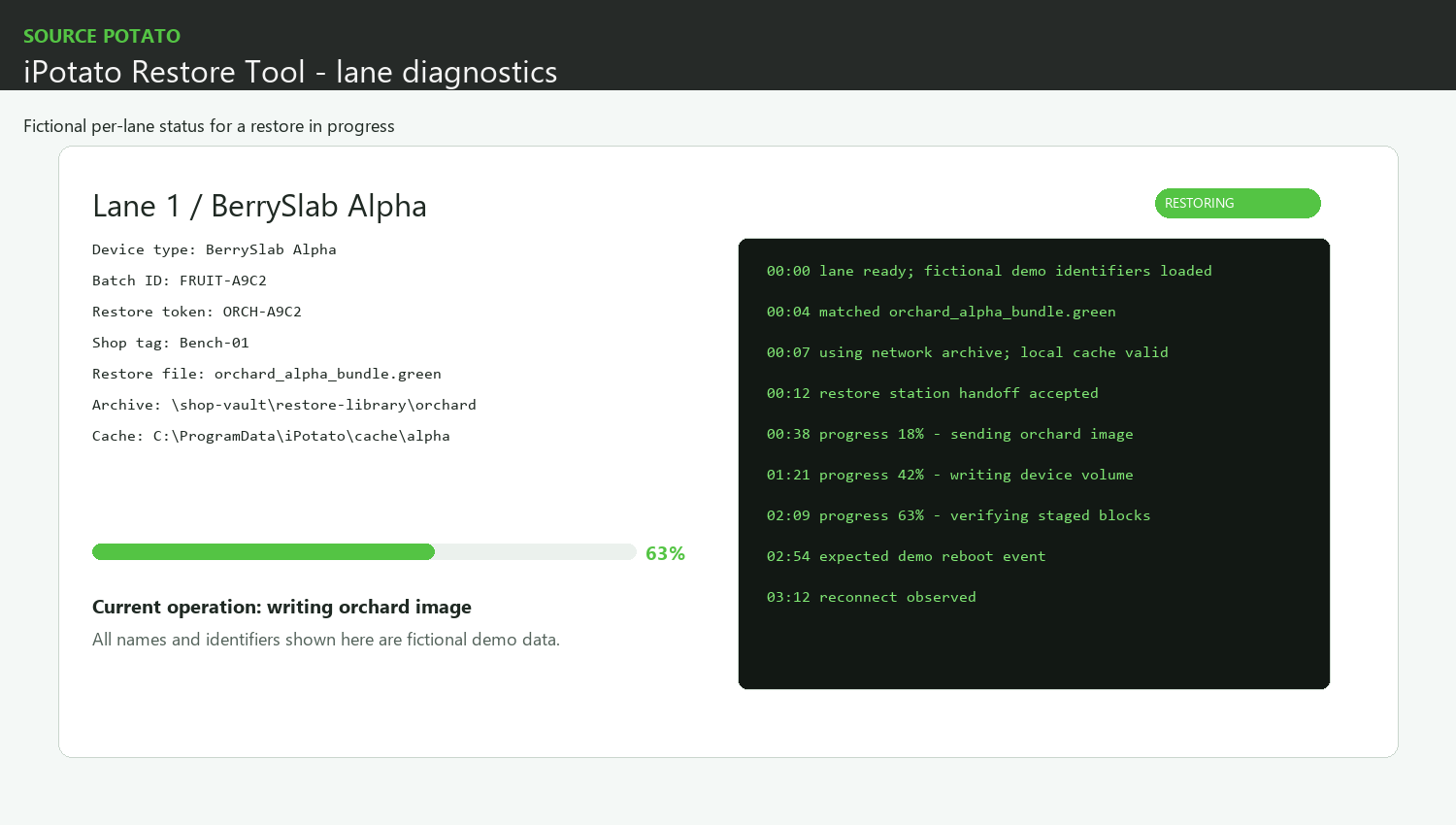 iPotato lane debug window showing restore log details