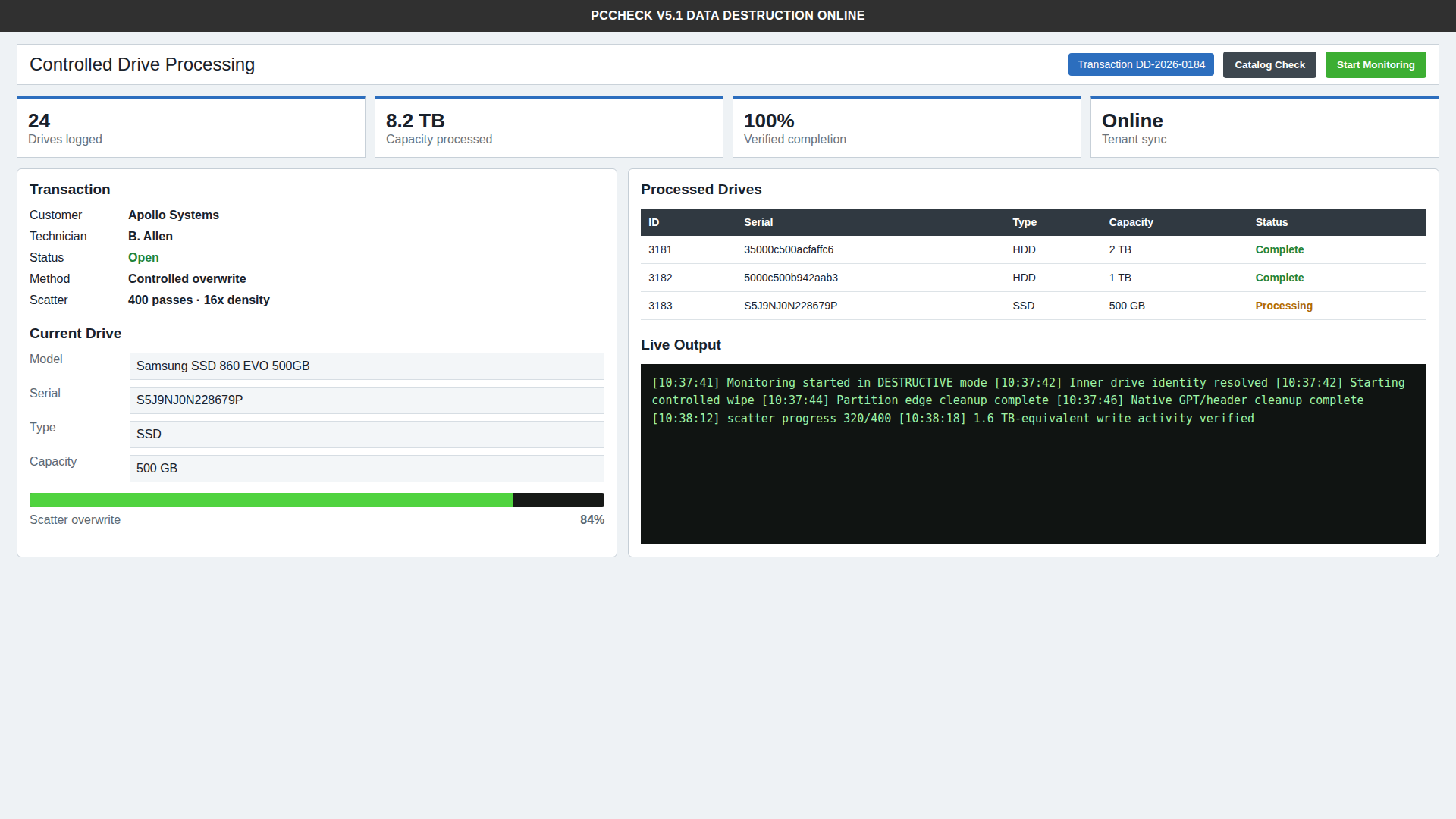 PCCheck data destruction online workflow
