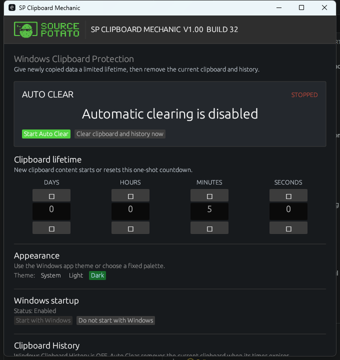 SP Clipboard Mechanic dark interface showing Auto Clear status, clipboard lifetime controls, appearance, Windows startup, and clipboard history