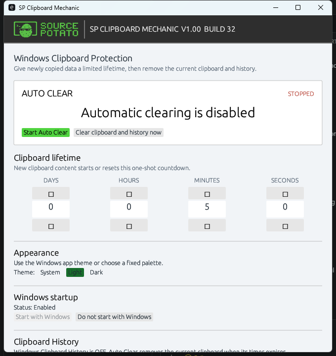SP Clipboard Mechanic light interface showing Auto Clear status, clipboard lifetime controls, appearance, Windows startup, and clipboard history