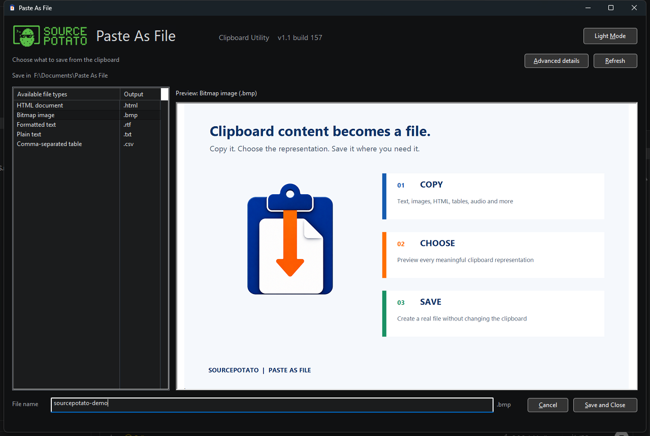 Paste As File dark interface showing available file types, image preview, filename, and save controls