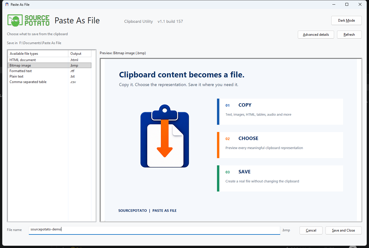 Paste As File light interface showing available file types, image preview, filename, and save controls