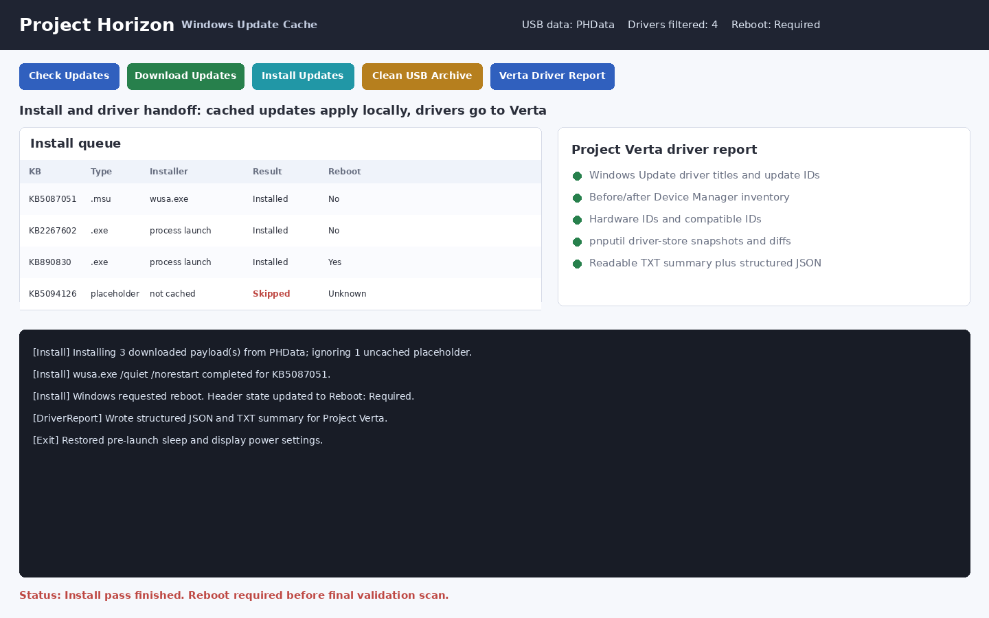 Project Horizon install pass showing cached update installation, reboot status, and driver findings for Verta